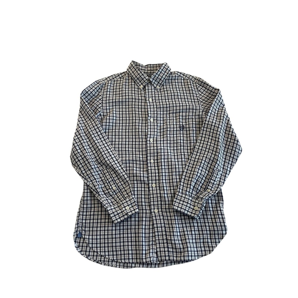 Navy Blue Plaid Long Sleeve Button Down Shirt Crest Logo Size S by Chaps